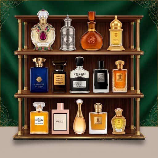 Uma estante com frascos de perfume enfileirados
